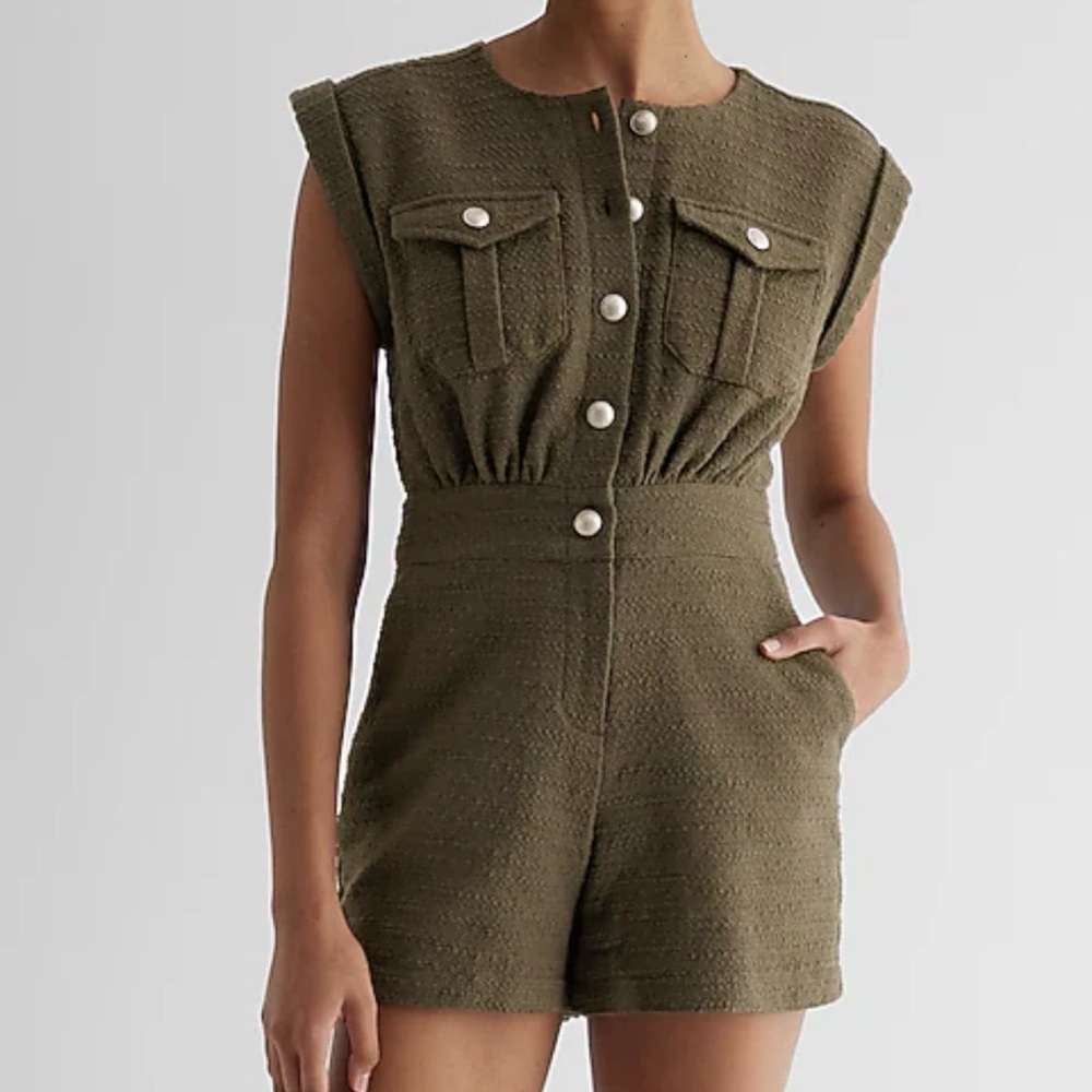 Express Olive Green Button-Up Romper summer / spring